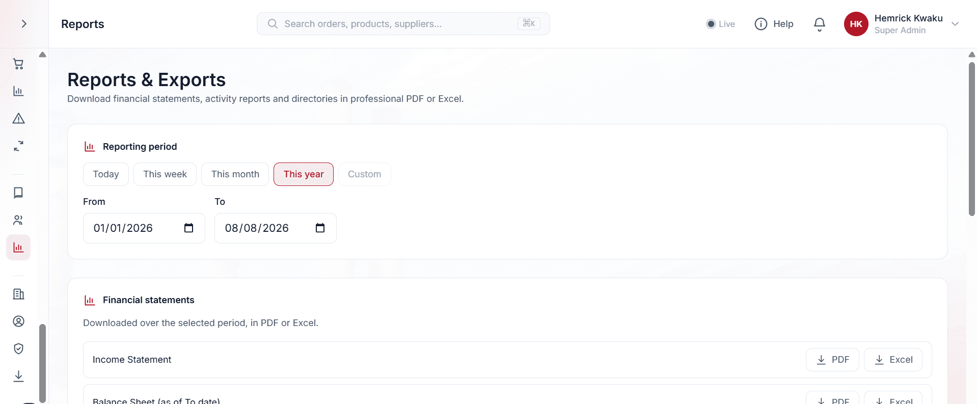 Rapports et exports : les états financiers en PDF ou Excel, sur la période que vous choisissez